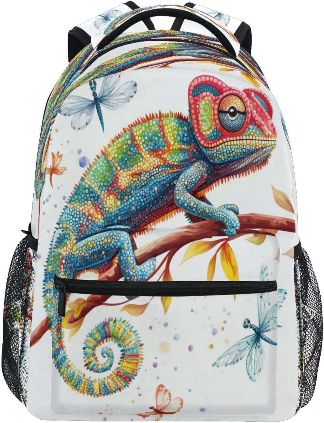 Fun Backpack for Teens Boys Girls Waterproof Personal Backpack with Chest Strap Gift Men & Women Cartoon Chameleon Reptile White