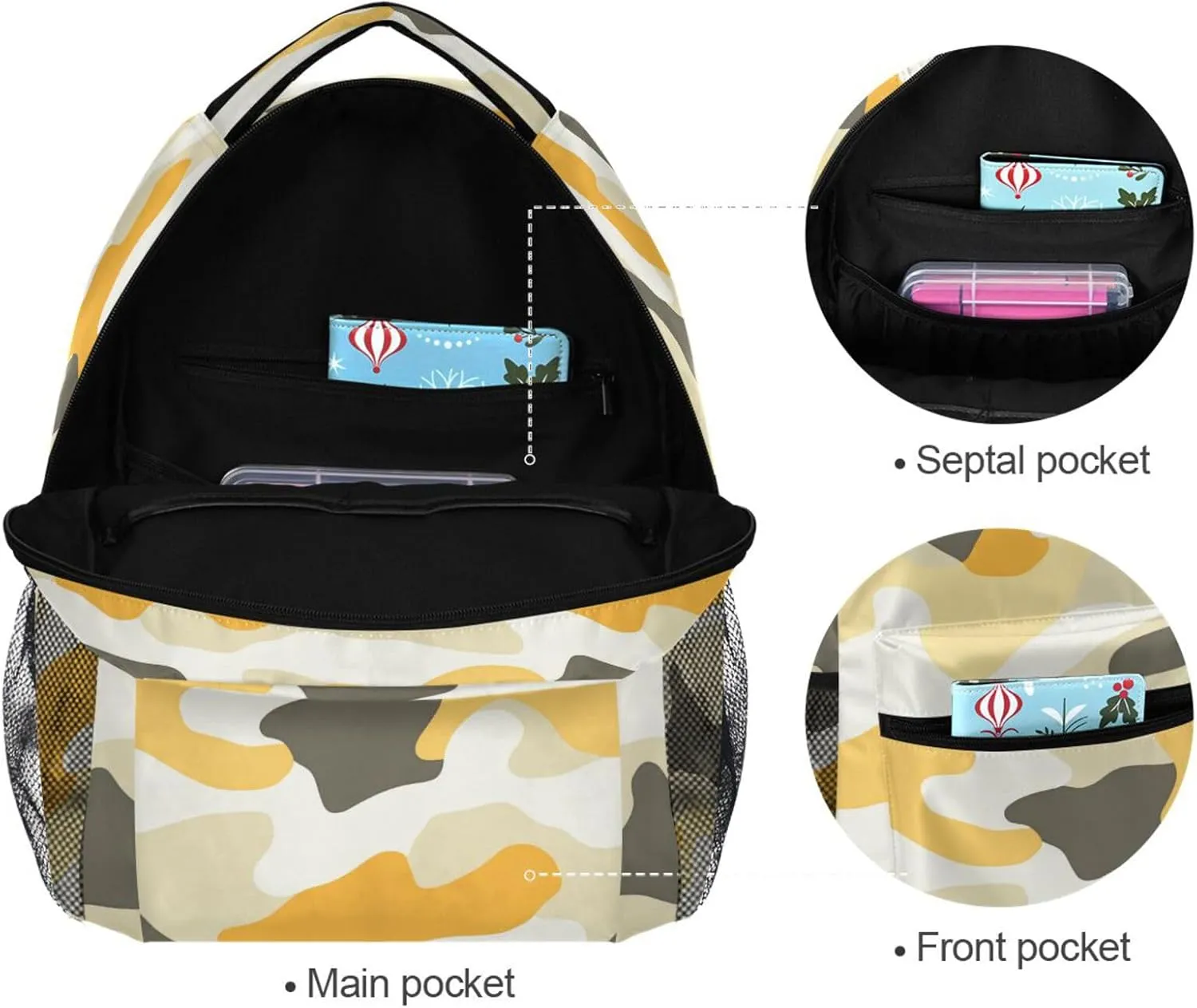 Fun Backpack for Unisex Adult Fashion Vintage Daypacks with Chest Strap Gift Men & Women Camouflage Yellow Camouflage Beige