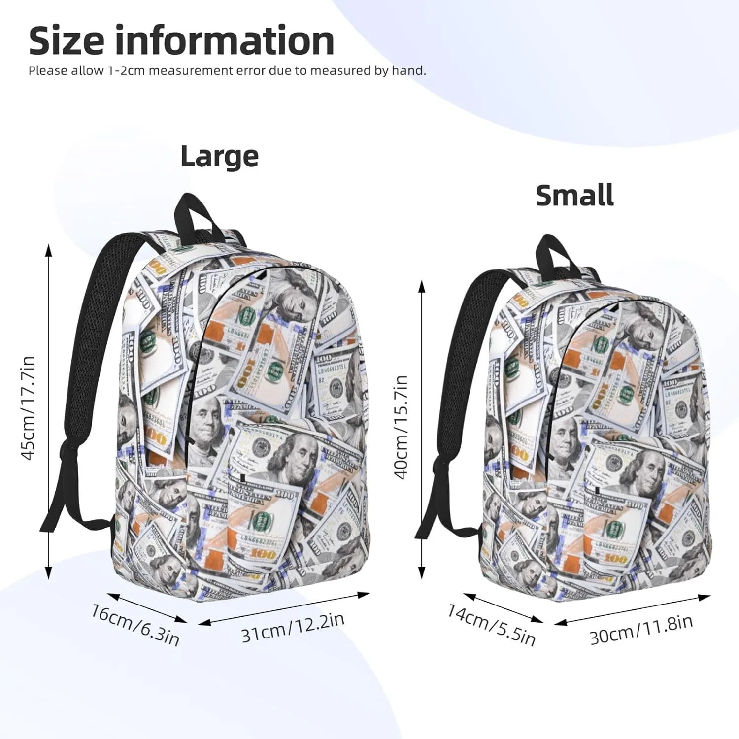 Fun Money Dollar Novelty Backpack for Girls Boys Women Lightweight Canvas Bookbag Casual Daypack for Travel Outdoor Camping, 17 Inch