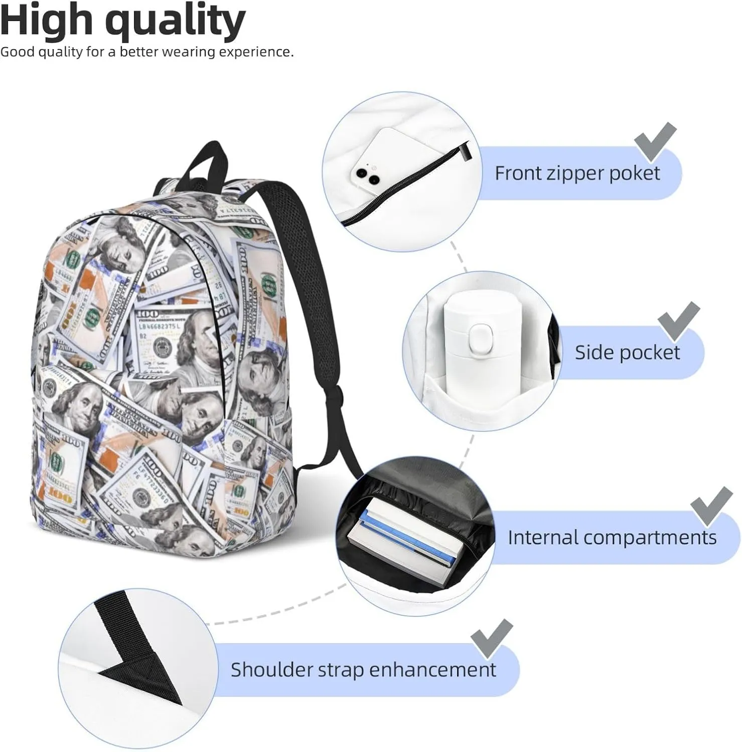 Fun Money Dollar Novelty Backpack for Girls Boys Women Lightweight Canvas Bookbag Casual Daypack for Travel Outdoor Camping, 17 Inch