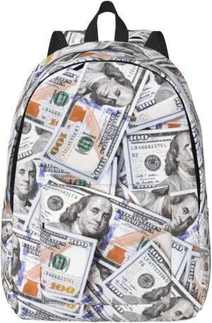 Fun Money Dollar Novelty Backpack for Girls Boys Women Lightweight Canvas Bookbag Casual Daypack for Travel Outdoor Camping, 17 Inch