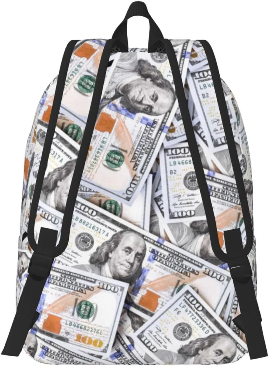 Fun Money Dollar Novelty Backpack for Girls Boys Women Lightweight Canvas Bookbag Casual Daypack for Travel Outdoor Camping, 17 Inch