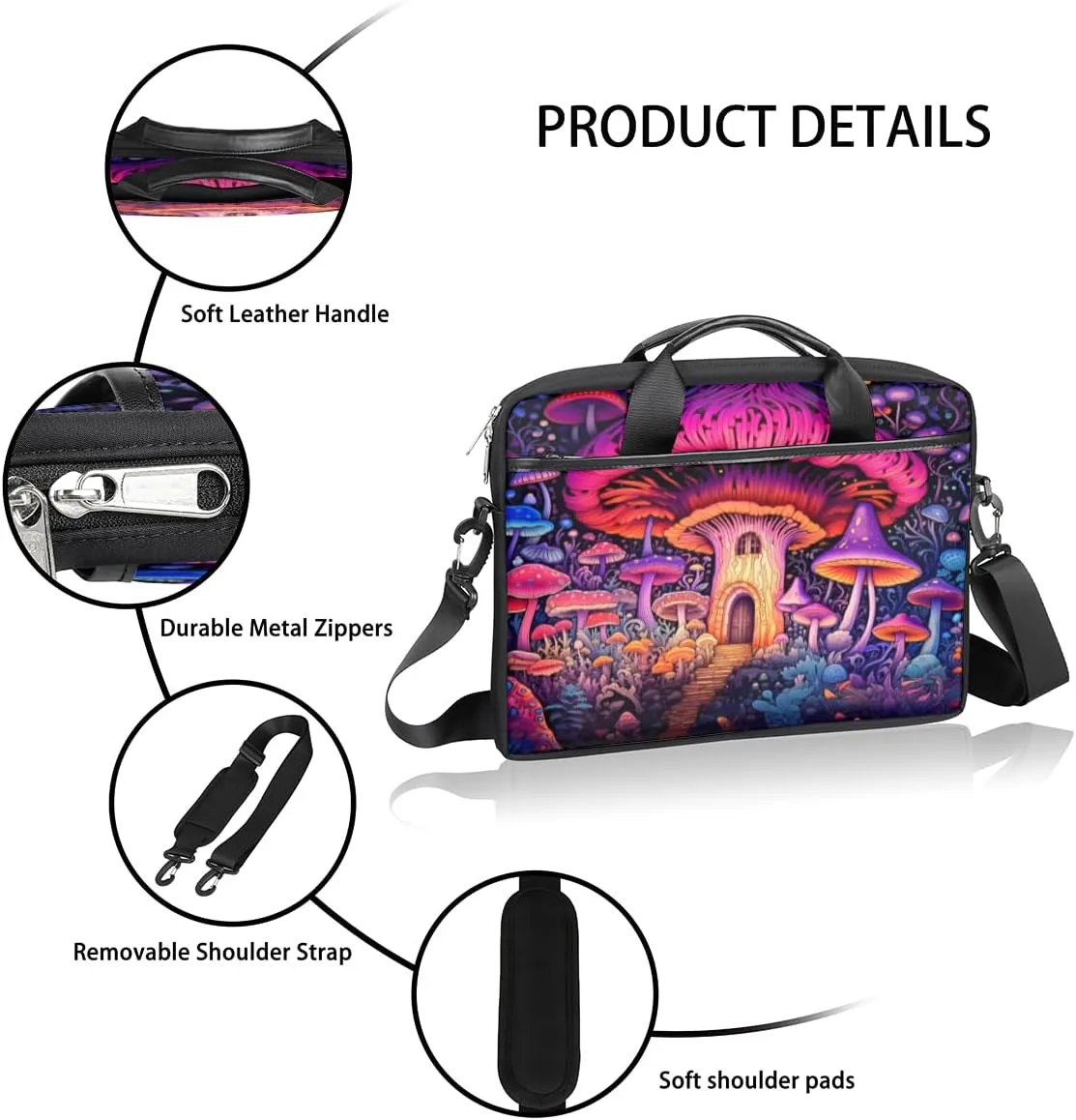 Fun Mushroom Pattern Laptop Shoulder Bag for Tablet Computer Notebook Sleeve Messenger Carrying Case Briefcase Tote
