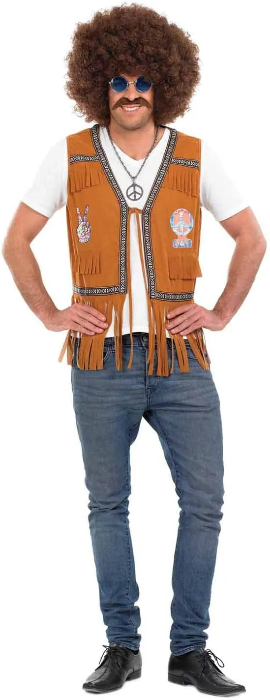 fun shack Brown Waistcoat Costume for Men, Hippie 60s 70s Themed Outfit, Retro Mens Costume for Parties and Events