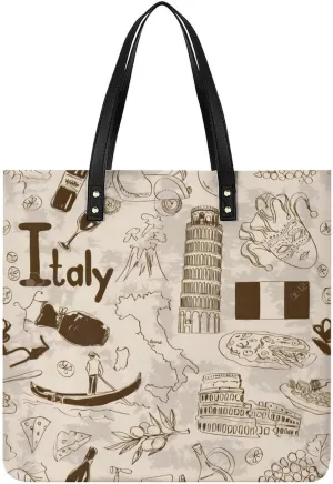 Fun Sketch Italy Pattern Women Tote Bags Top Handle Satchel Handbags PU Faux Leather Tassel Shoulder Purse