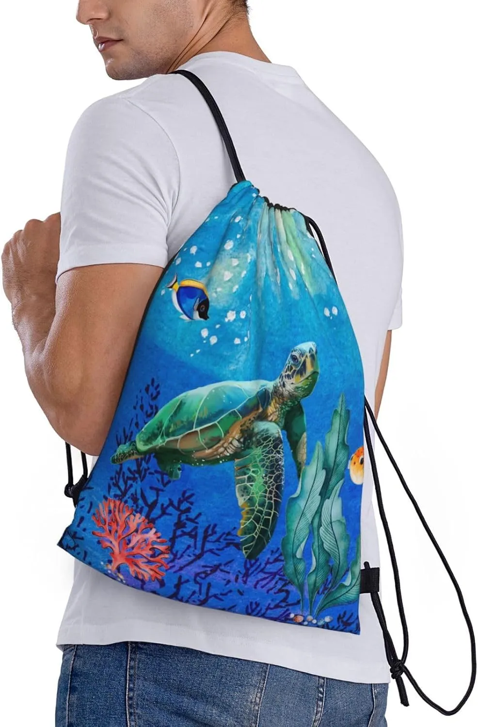 Gianlaima Ocean Turtle Fish On Sea World Drawstring Bags Backpack Sport Gym Sack For Men Women