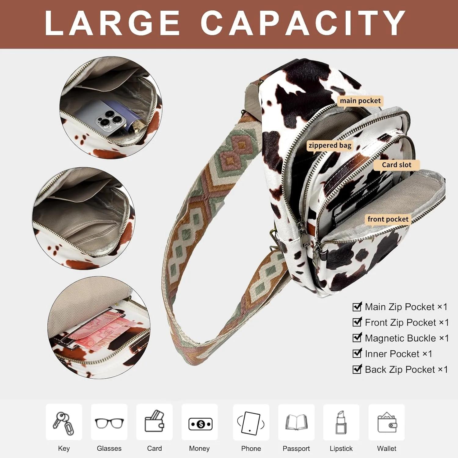 Gifts for Women Mom Christmas Gifts Birthday Small Sling Bag Leather Crossbody Cow Fanny Packs Waist Pack for Traveling
