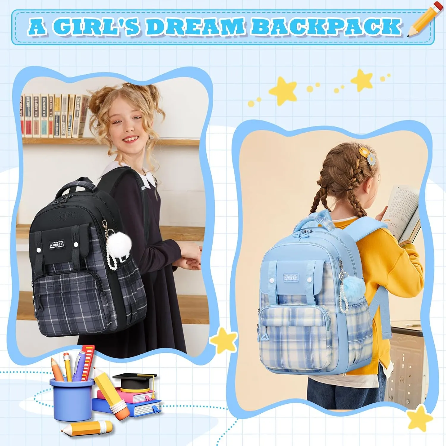 Girls Backpack, Ideal School Backpack for Girls from Elementary to Teen Years, Kawaii Bookbag Cute Large Capacity