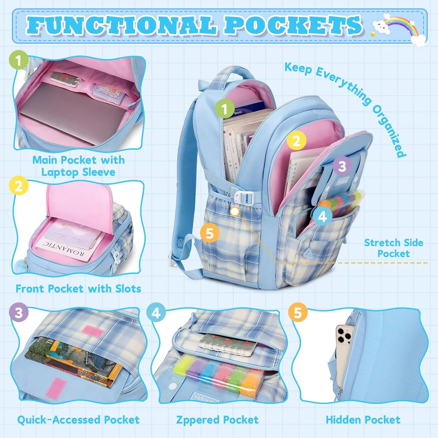 Girls Backpack, Ideal School Backpack for Girls from Elementary to Teen Years, Kawaii Bookbag Cute Large Capacity