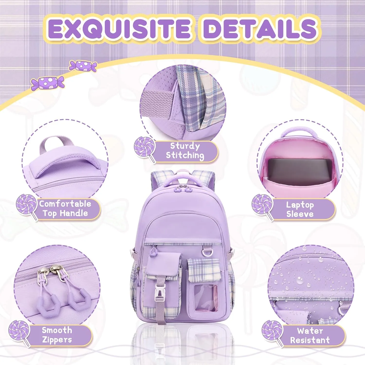Girls Backpack, Lightweight Kids Backpack Functional Pockets Kawaii Teen School Backpack Watrer Resistant Bookbag for Primary Elementary School,Age 6-14 years,Purple