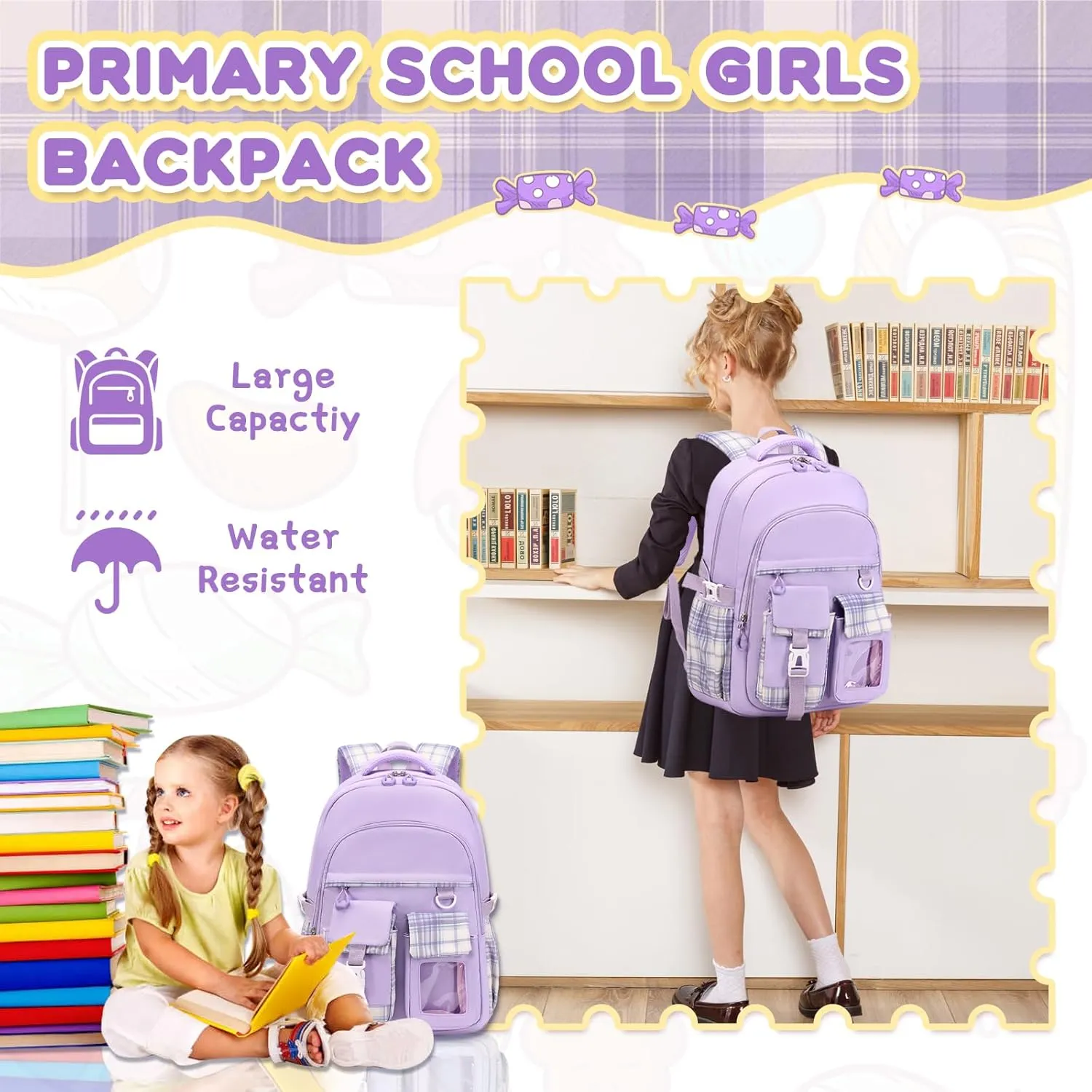 Girls Backpack, Lightweight Kids Backpack Functional Pockets Kawaii Teen School Backpack Watrer Resistant Bookbag for Primary Elementary School,Age 6-14 years,Purple
