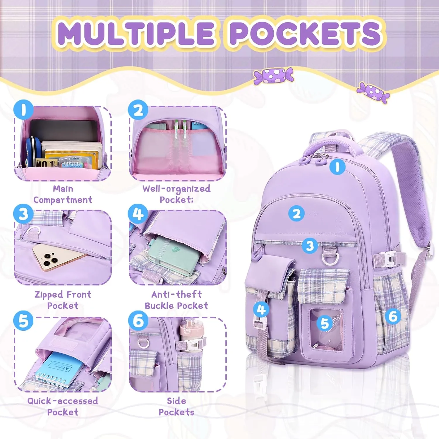 Girls Backpack, Lightweight Kids Backpack Functional Pockets Kawaii Teen School Backpack Watrer Resistant Bookbag for Primary Elementary School,Age 6-14 years,Purple