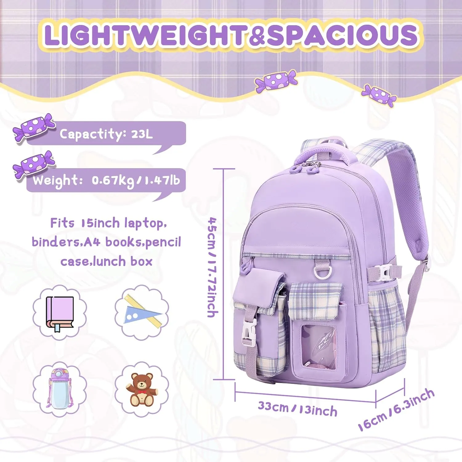 Girls Backpack, Lightweight Kids Backpack Functional Pockets Kawaii Teen School Backpack Watrer Resistant Bookbag for Primary Elementary School,Age 6-14 years,Purple