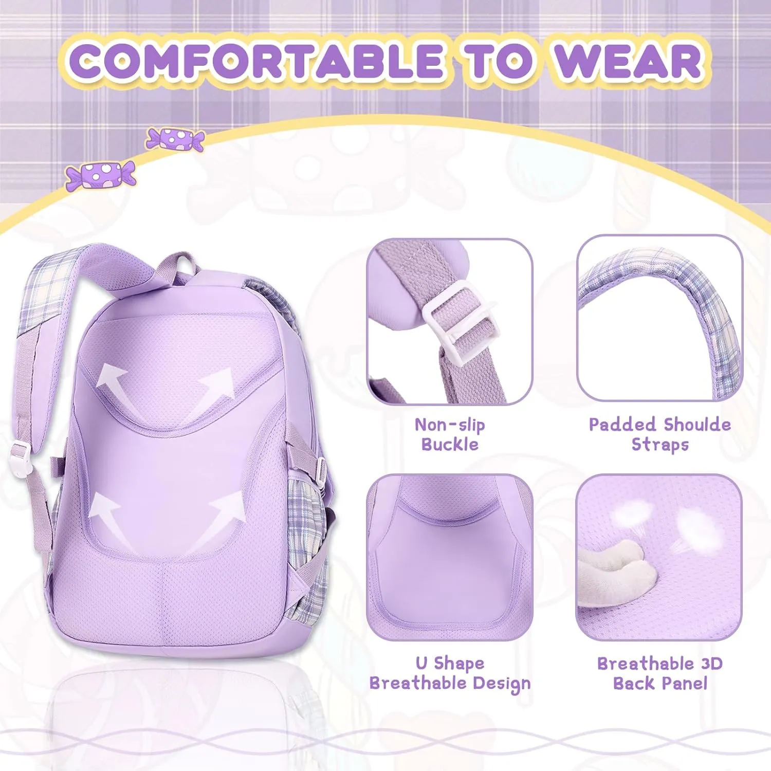 Girls Backpack, Lightweight Kids Backpack Functional Pockets Kawaii Teen School Backpack Watrer Resistant Bookbag for Primary Elementary School,Age 6-14 years,Purple