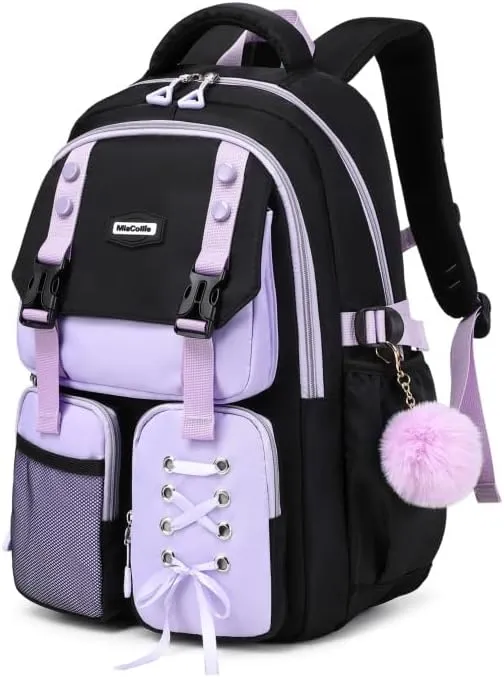 Girls Backpack,Lightweight Durable Bookbag,Water-Resistant Student Backpack with Reflective Stripes (Black & Purple)