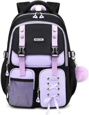 Girls Backpack,Lightweight Durable Bookbag,Water-Resistant Student Backpack with Reflective Stripes (Black & Purple)