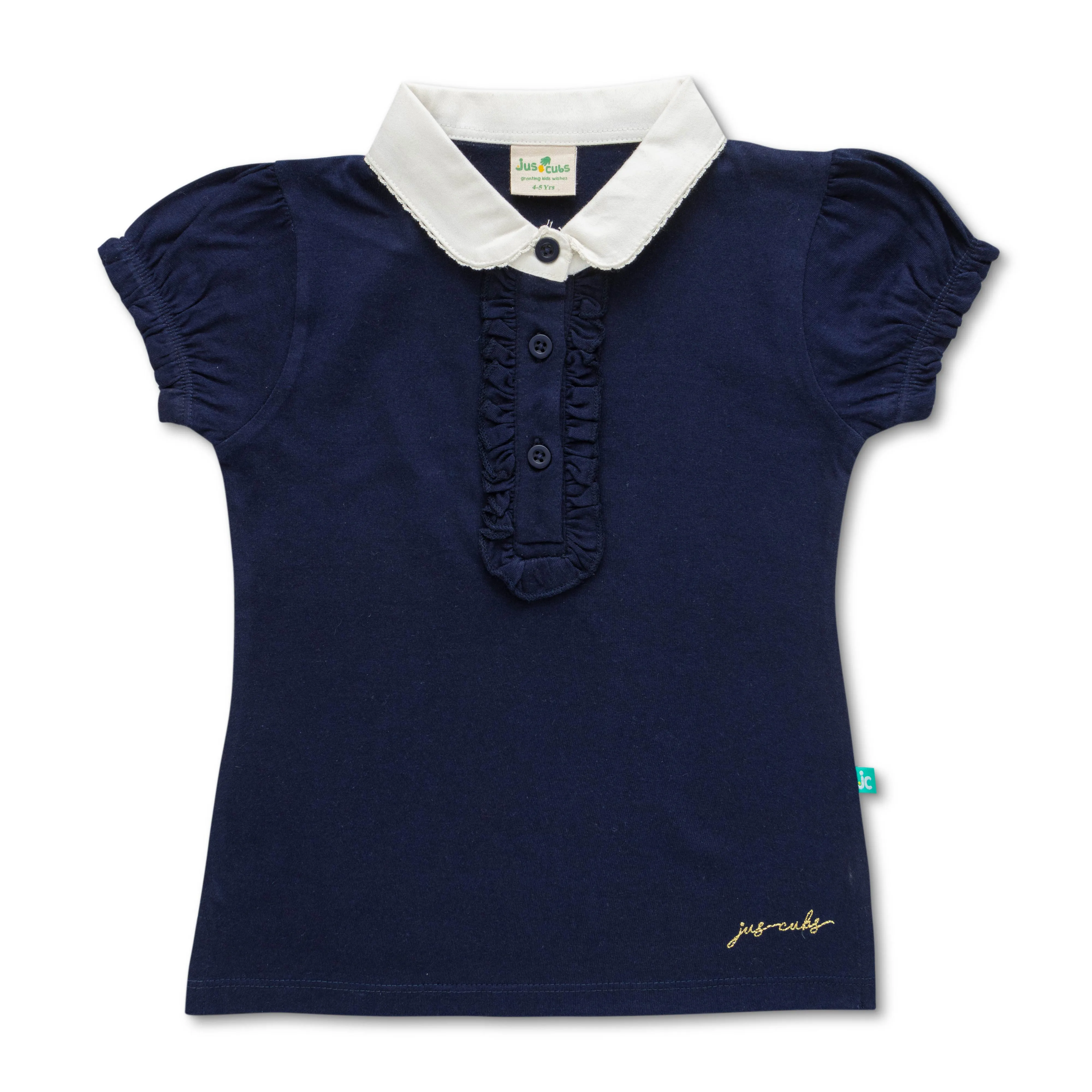 Girls' Navy Blue Polo T-Shirt with White Collar and Ruffle Placket