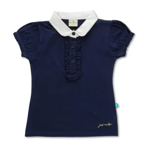 Girls' Navy Blue Polo T-Shirt with White Collar and Ruffle Placket