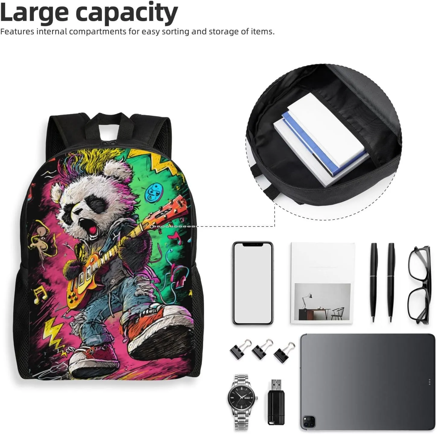 Guitar Panda Backpack Waterproof Anti Theft Durable Light Laptop Bag Backpacks For Women Men Travel Gym Backpack