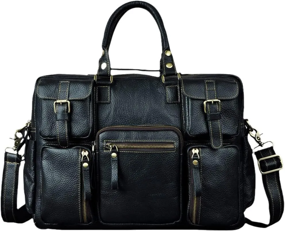 Haitpant Men Real Leather Vintage Large Capacity Travel Briefcase Business 15.6" Laptop Case Attache Messenger Bag