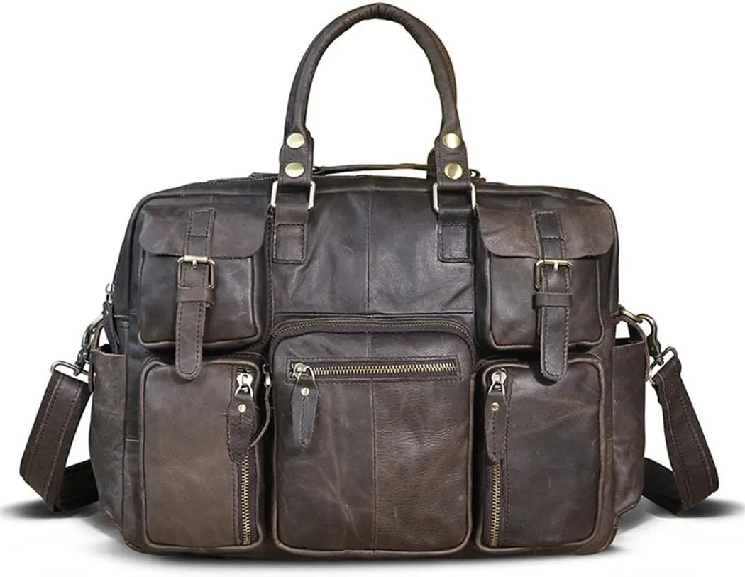 Haitpant Men Real Leather Vintage Large Capacity Travel Briefcase Business 15.6" Laptop Case Attache Messenger Bag