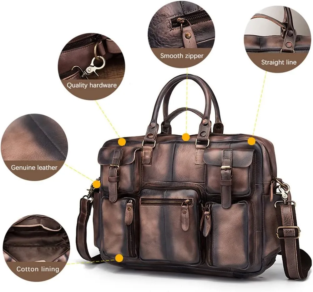 Haitpant Men Real Leather Vintage Large Capacity Travel Briefcase Business 15.6" Laptop Case Attache Messenger Bag