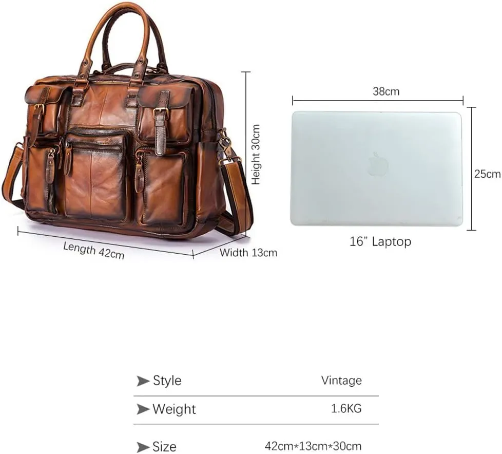 Haitpant Men Real Leather Vintage Large Capacity Travel Briefcase Business 15.6" Laptop Case Attache Messenger Bag