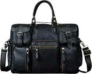 Haitpant Men Real Leather Vintage Large Capacity Travel Briefcase Business 15.6" Laptop Case Attache Messenger Bag