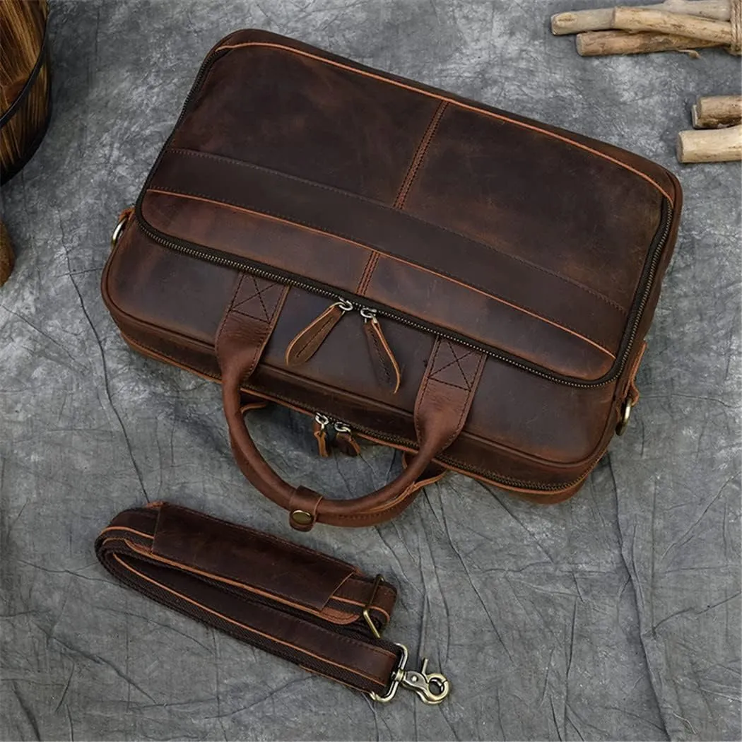 Haitpant Thick Leather Briefcase For Men Genuine Leather Cowskin Business Bag 15.6" Computer Bag Crazy Horse Leather Bags