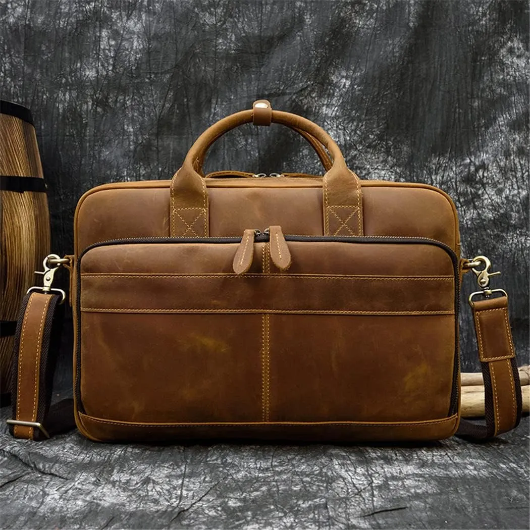 Haitpant Thick Leather Briefcase For Men Genuine Leather Cowskin Business Bag 15.6" Computer Bag Crazy Horse Leather Bags
