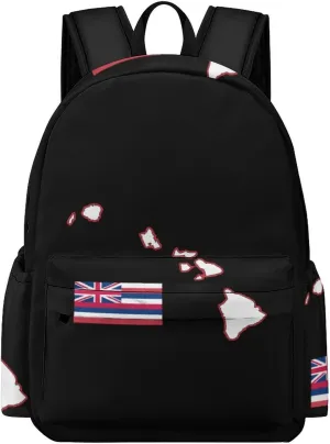 Hawaii State Map and Flag Durable Backpack Lightweight Bag with Main Compartment and Pockets Casual Travel Laptop Daypack, 42x30x15cm