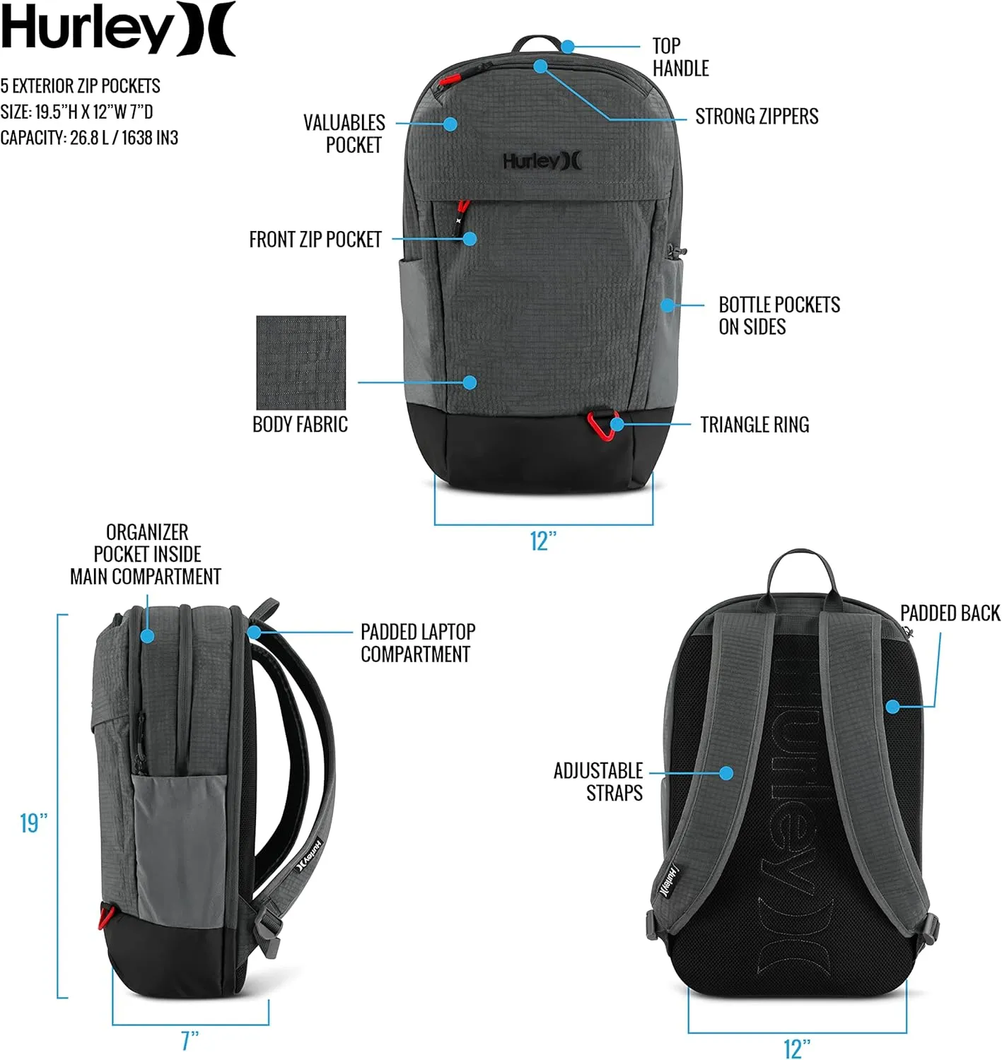 Hurley Mens Classic Backpack, Obsidian, One Size