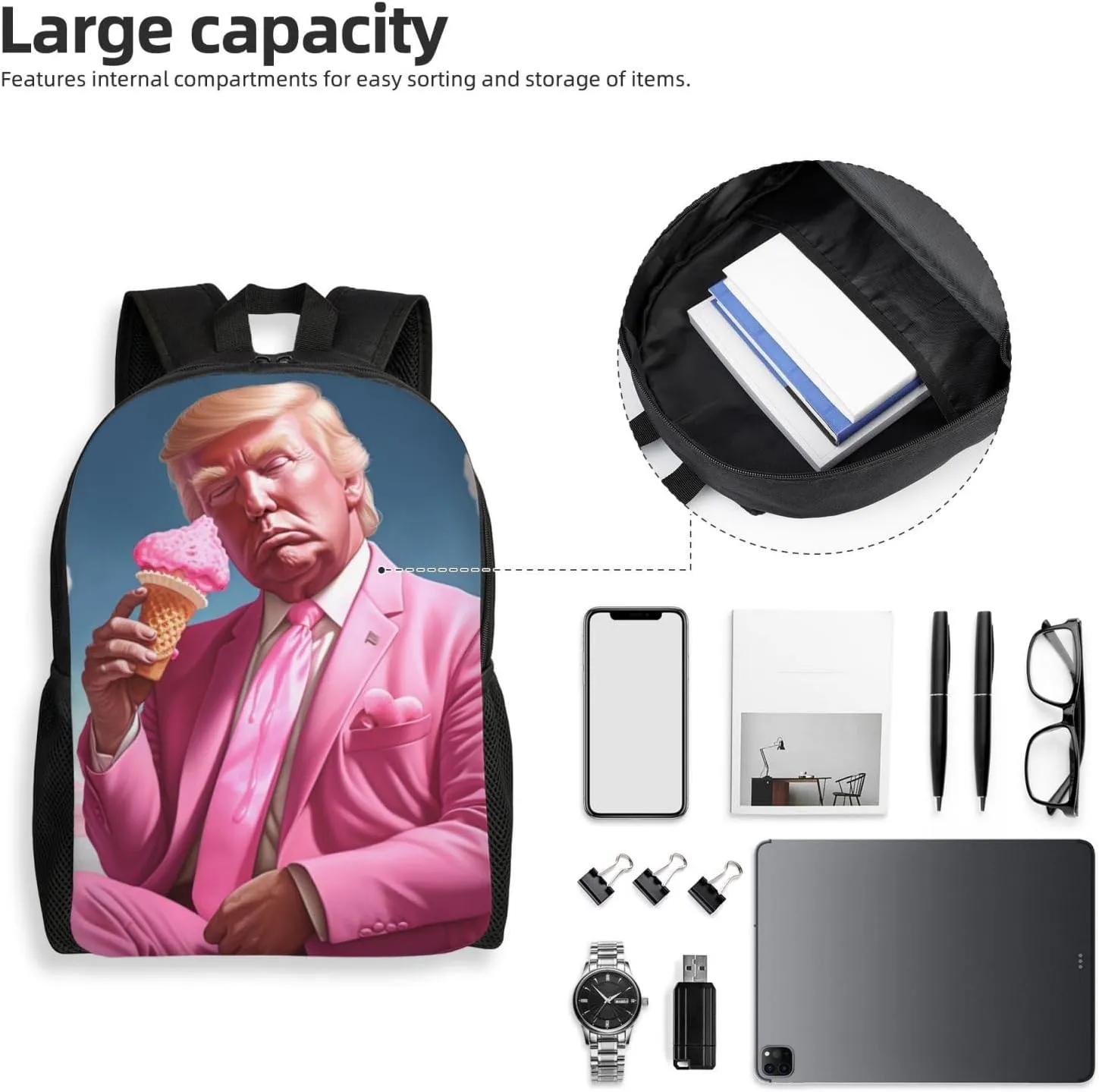 Ice Cream Trump Backpack Waterproof Anti Theft Durable Light Laptop Bag Backpacks For Women Men Travel Gym Backpack