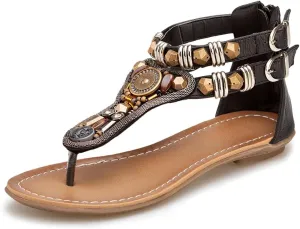 iCKER Women Rhinestone Sandals T-Strap Buckle Bohemian Pearl Crystal Flat Sandals