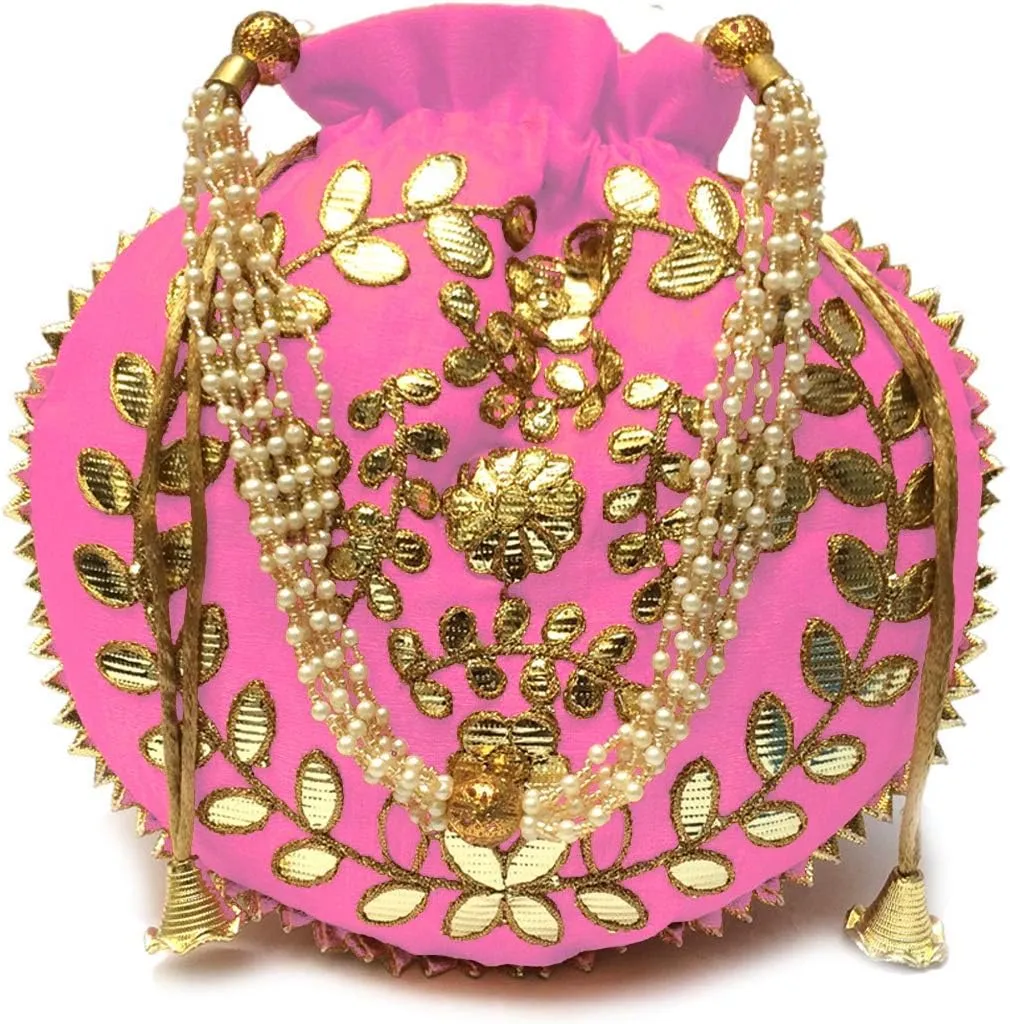 Indian Ethnic Clutch Baby Pink Wedding Potli with Gotta Patti Embroidery Work- Bridal & Festive Handbag Women H*L(cm):- 23 * 24