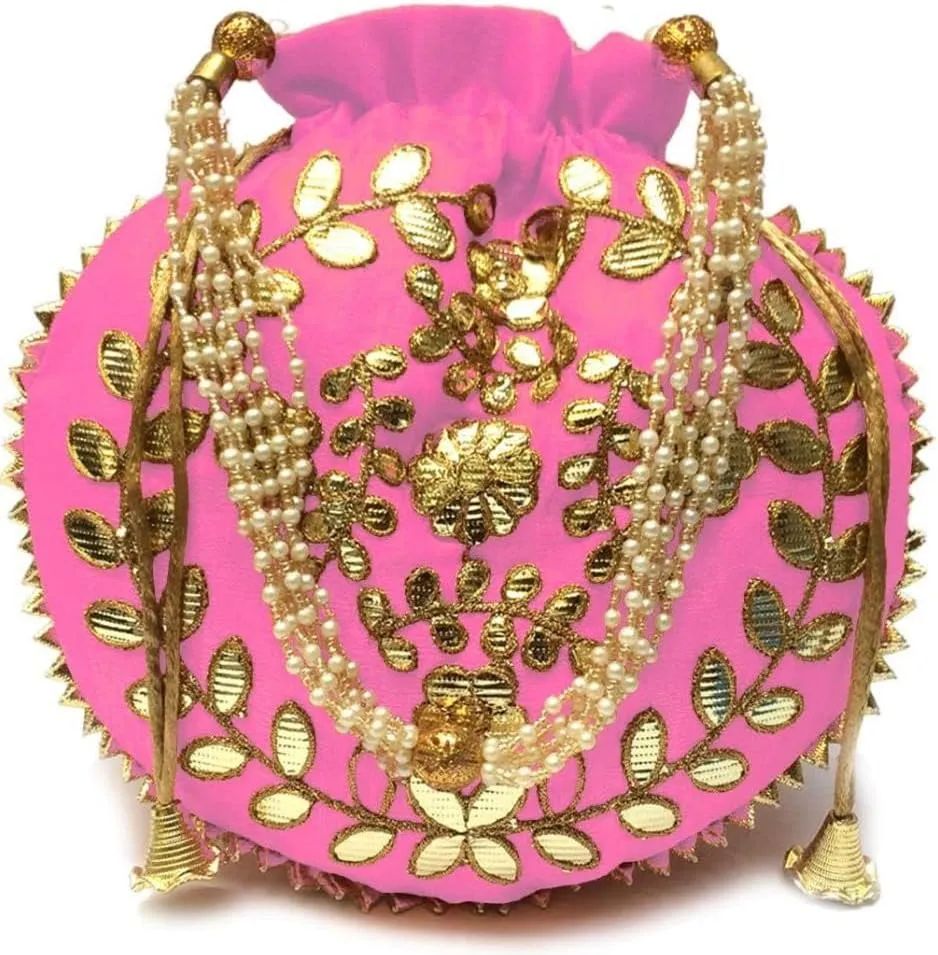 Indian Ethnic Clutch Baby Pink Wedding Potli with Gotta Patti Embroidery Work- Bridal & Festive Handbag Women H*L(cm):- 23 * 24