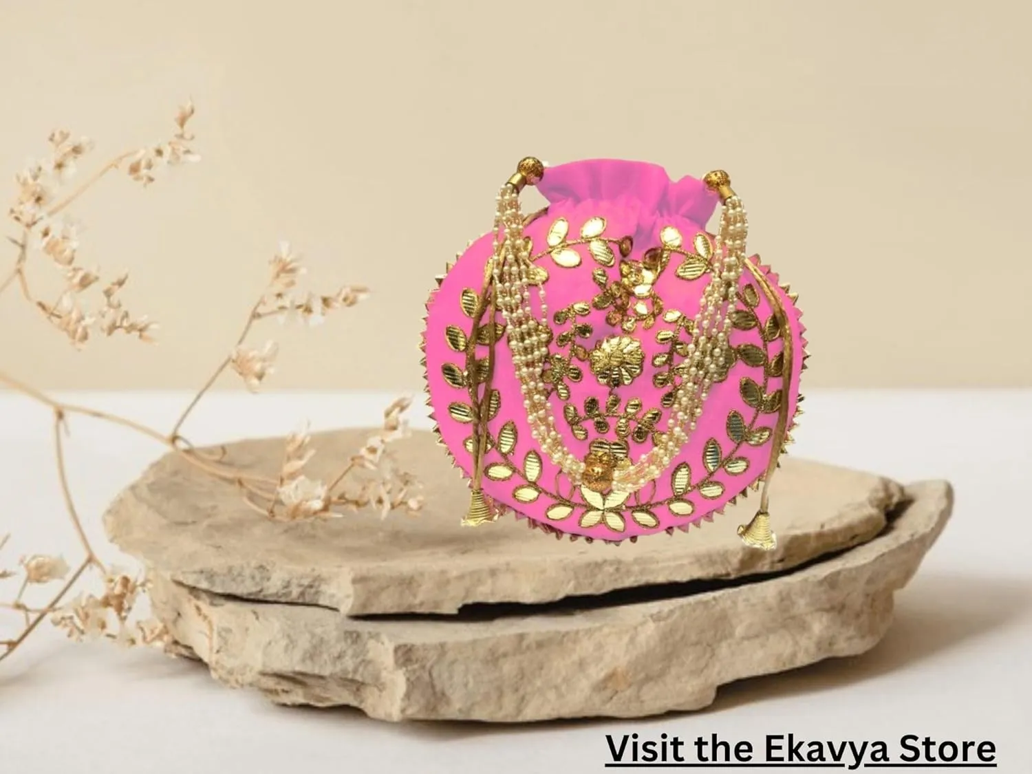 Indian Ethnic Clutch Baby Pink Wedding Potli with Gotta Patti Embroidery Work- Bridal & Festive Handbag Women H*L(cm):- 23 * 24