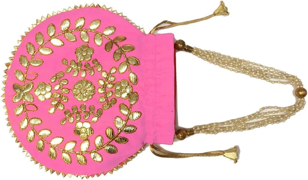 Indian Ethnic Clutch Baby Pink Wedding Potli with Gotta Patti Embroidery Work- Bridal & Festive Handbag Women H*L(cm):- 23 * 24