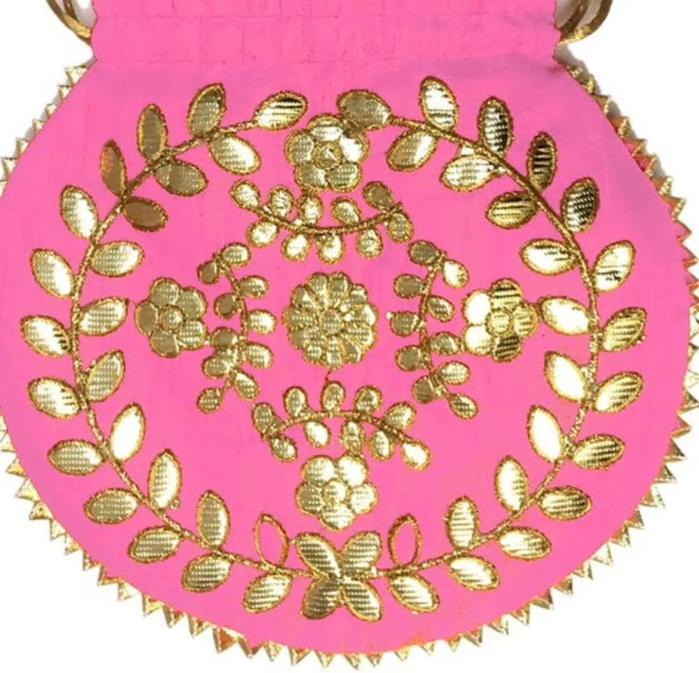 Indian Ethnic Clutch Baby Pink Wedding Potli with Gotta Patti Embroidery Work- Bridal & Festive Handbag Women H*L(cm):- 23 * 24