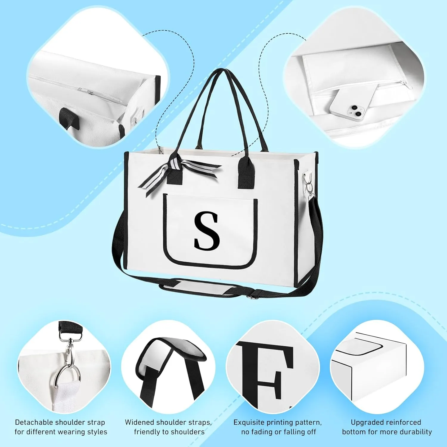 Ini-tial Beach Bag - Initialed, Inner Pocket, Front Pocket, Shoulder Strap - Perfect Christmas or for Women, Mom