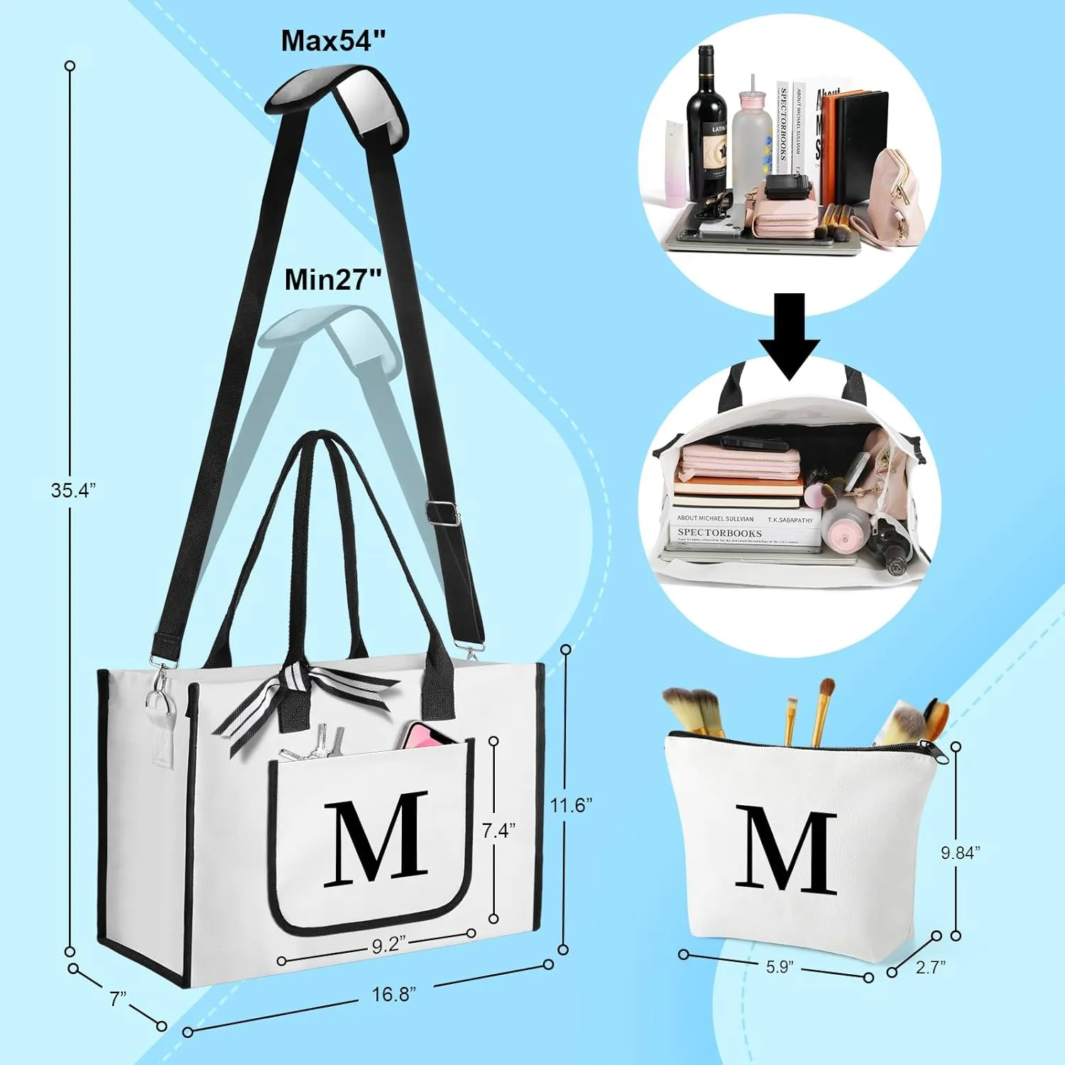 Ini-tial Beach Bag - Initialed, Inner Pocket, Front Pocket, Shoulder Strap - Perfect Christmas or for Women, Mom