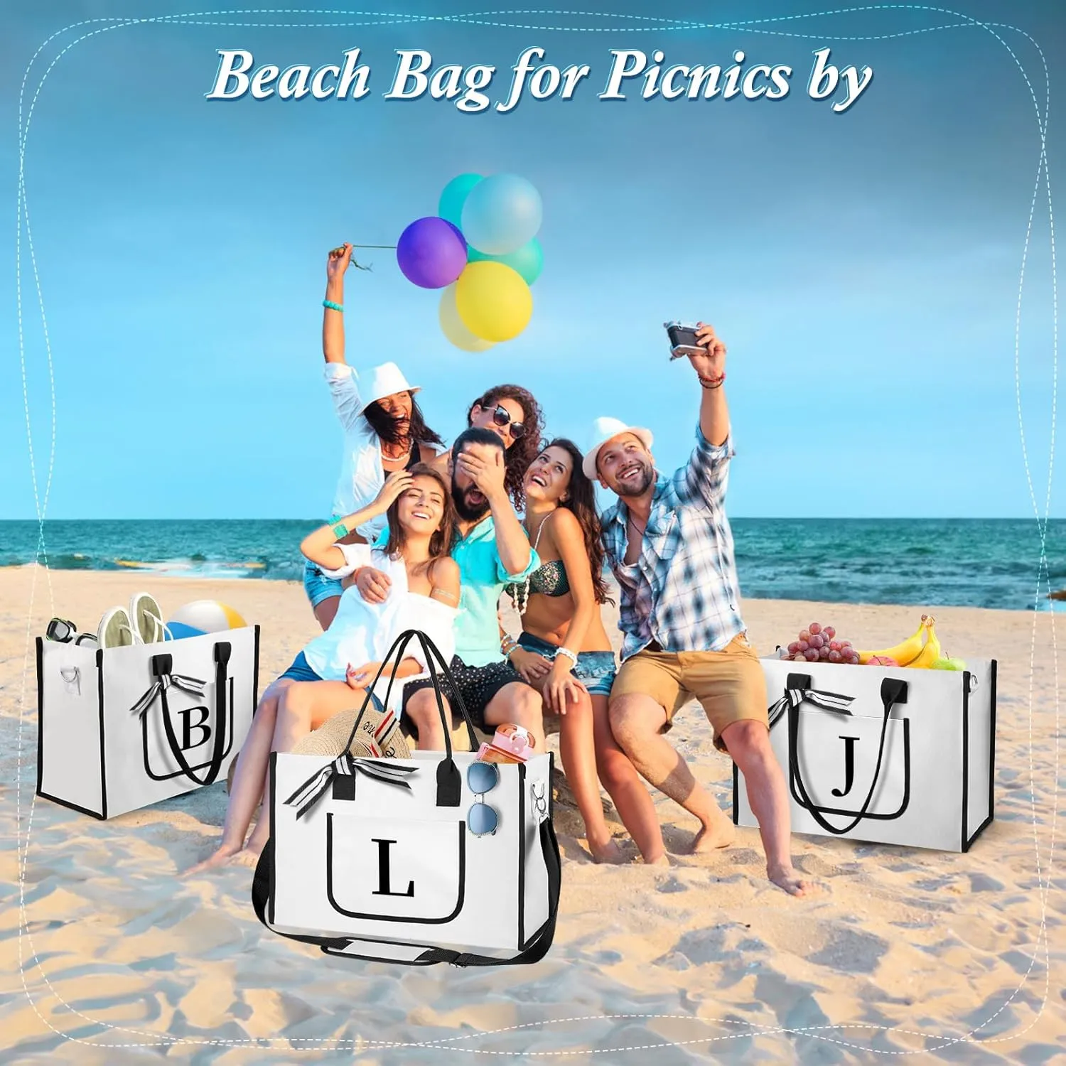 Ini-tial Beach Bag - Initialed, Inner Pocket, Front Pocket, Shoulder Strap - Perfect Christmas or for Women, Mom
