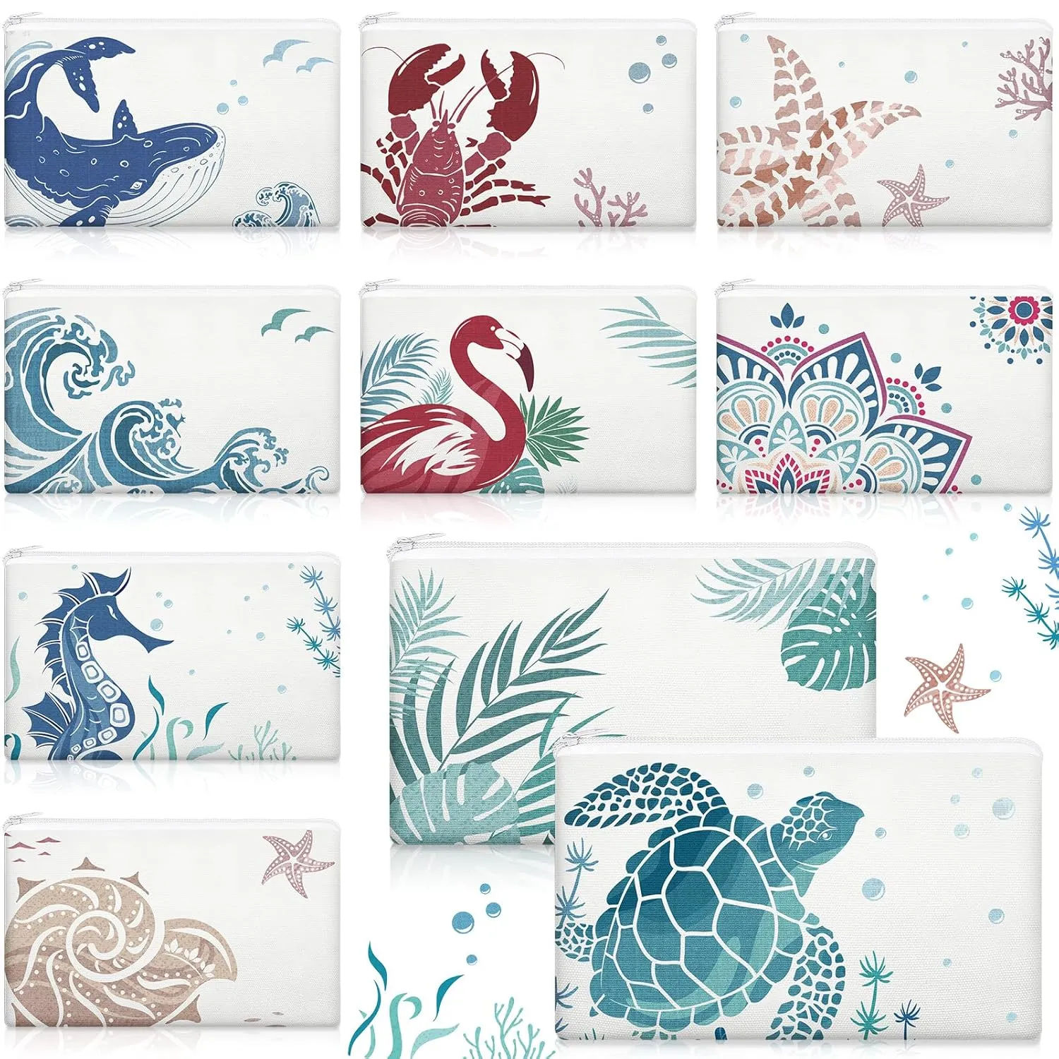 Kacctyen 10 Pcs Beach Makeup Bags Bulk Zipper Pouch Canvas Beach Themed Cosmetic Bags for Women Cruise Ship Essentials Bridesmaid Wedding Sea Summer Vacation Organization Cruise Party Favors