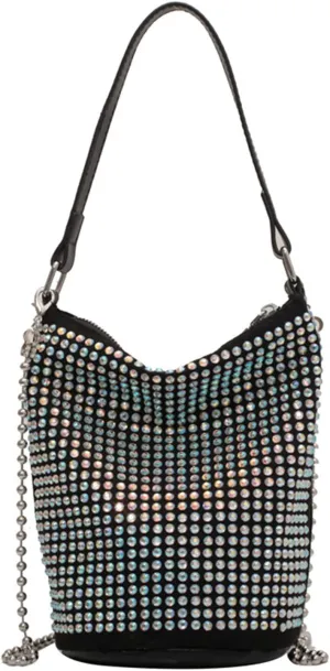 Katsy Rhinestones Bucket Bag Crossbody Shoulder Evening Shinny Bling Clutch Purse, Multicolor