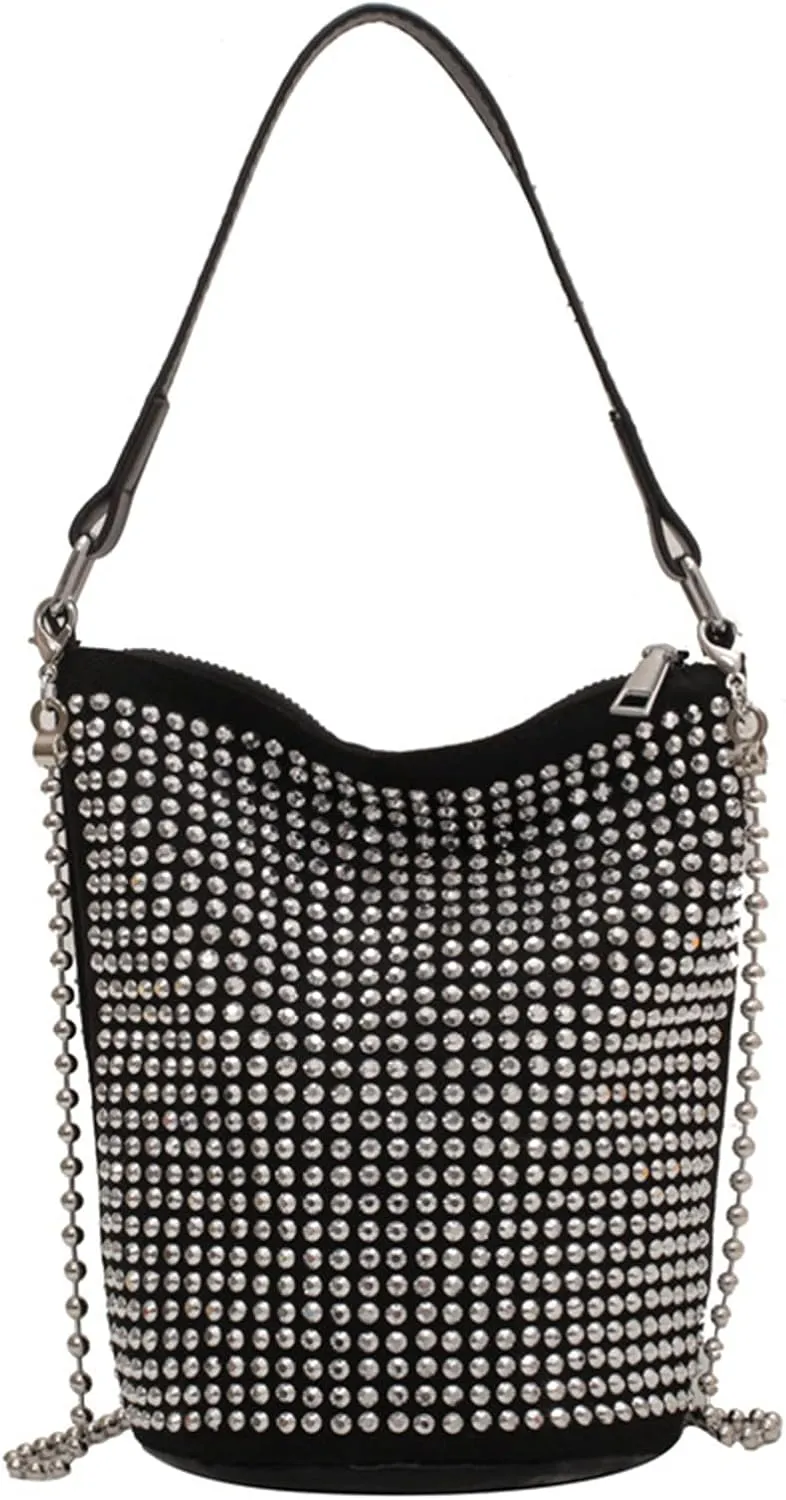 Katsy Rhinestones Bucket Bag Crossbody Shoulder Evening Shinny Bling Clutch Purse, Silver