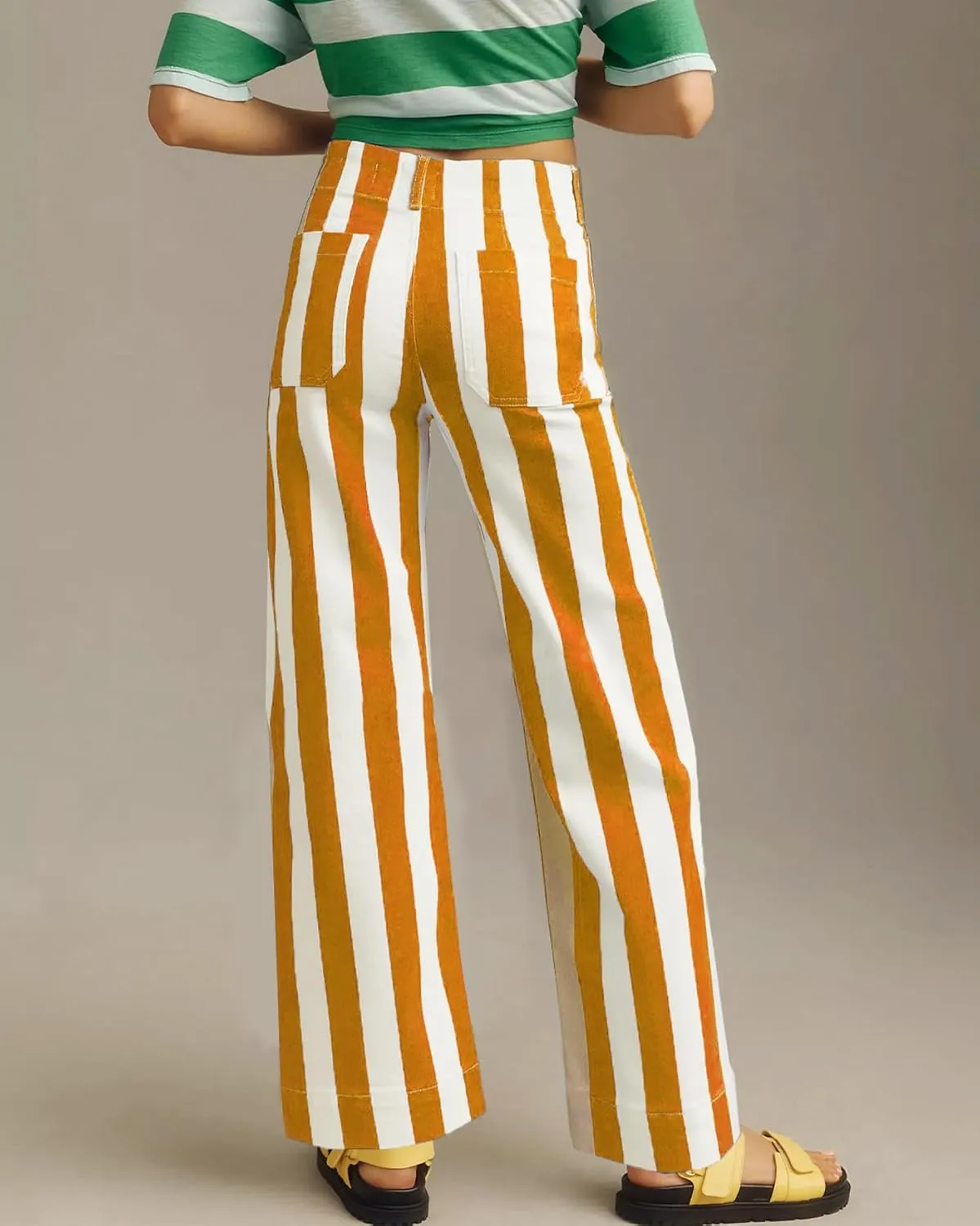 Kedera Women's Striped Pants Wide Leg Trousers Casual High Waisted Fun Pants Flare Jeans with Patched Pockets