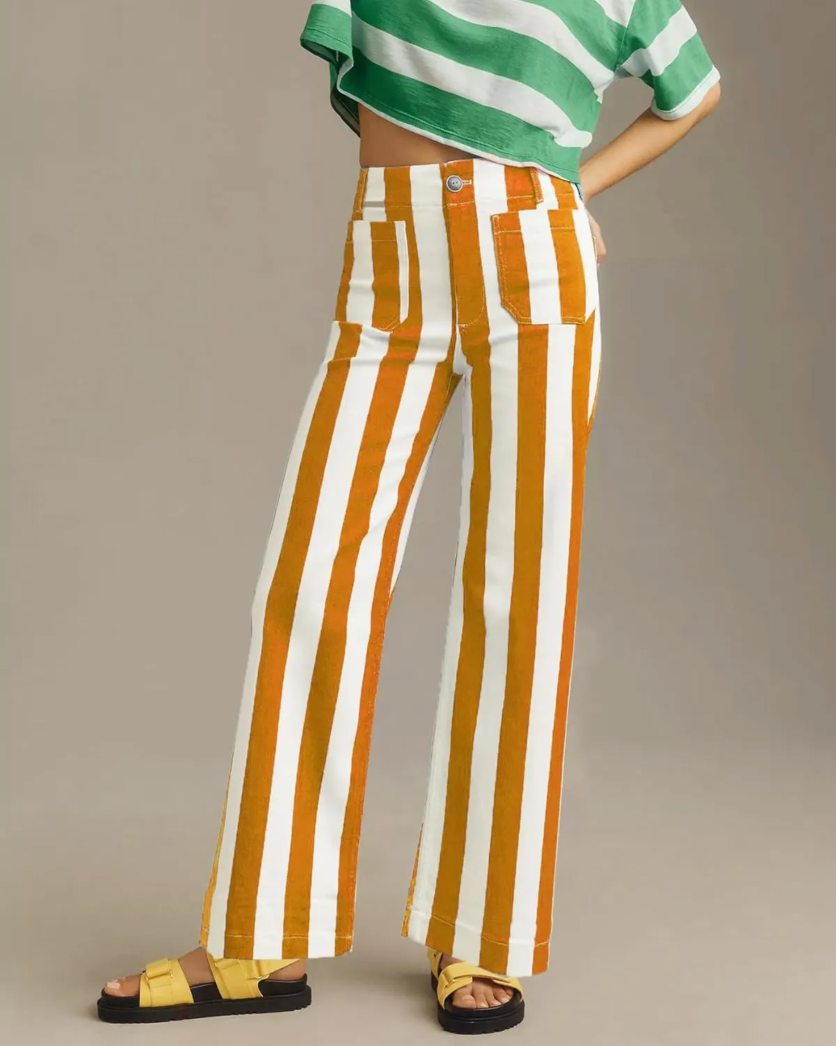 Kedera Women's Striped Pants Wide Leg Trousers Casual High Waisted Fun Pants Flare Jeans with Patched Pockets