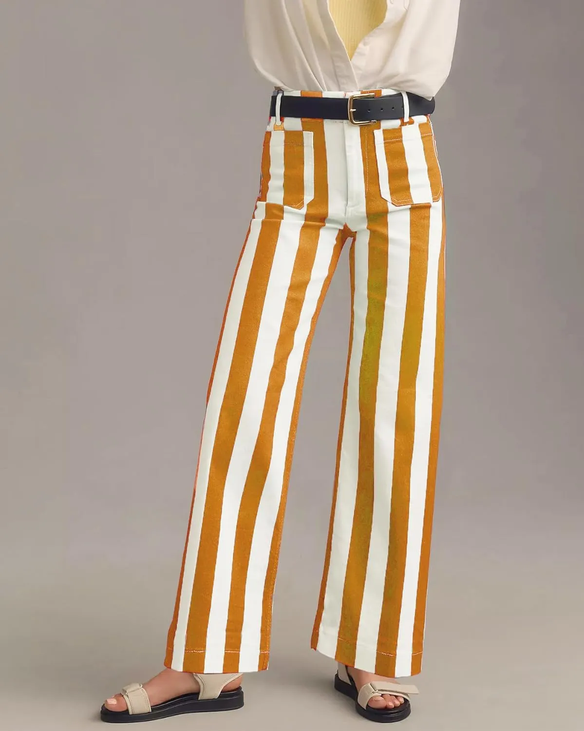 Kedera Women's Striped Pants Wide Leg Trousers Casual High Waisted Fun Pants Flare Jeans with Patched Pockets