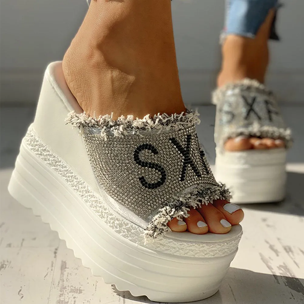 Ladies Crystal Wedges High Heel Sandals Summer Shoes with Thick Sole Diamond Platform Mules Slippers for Women