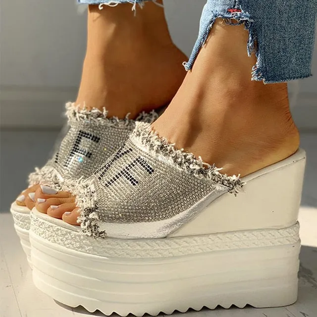 Ladies Crystal Wedges High Heel Sandals Summer Shoes with Thick Sole Diamond Platform Mules Slippers for Women
